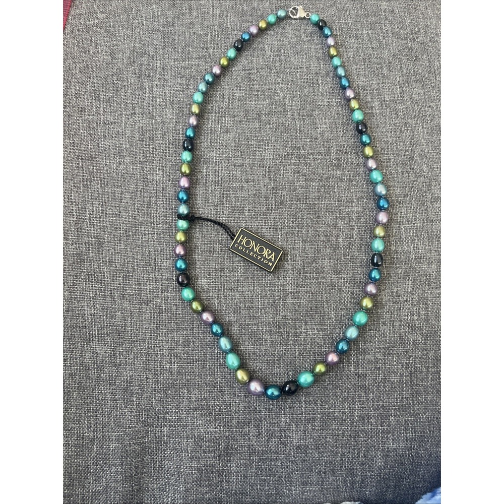 BLUE, Teal TONE LUSTER GENUINE Pearl HONORA NECKLACE 925 STERLING SILVER